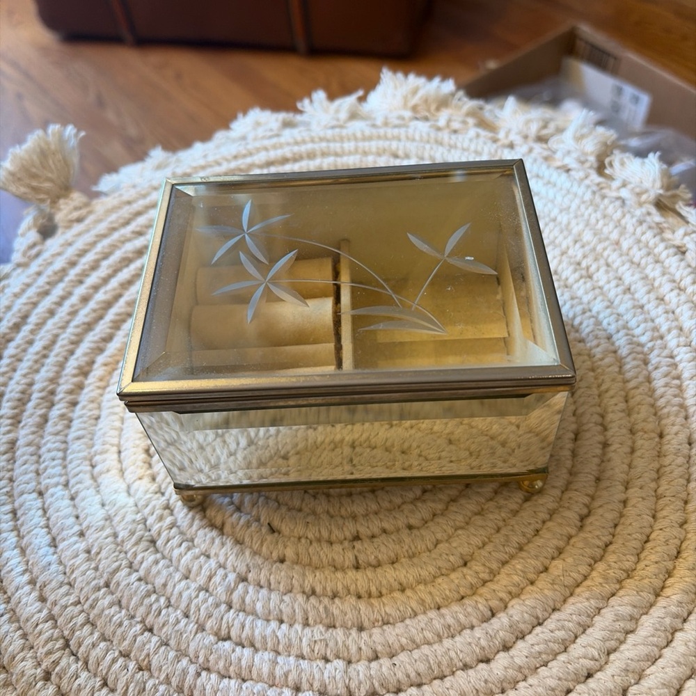 Jewelry box beveled glass MCM gold trim organizer storage bamboo etching